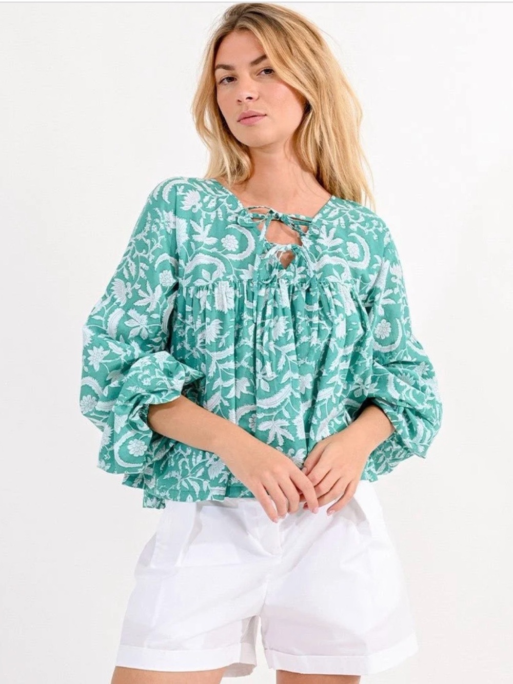 Molly Bracken Cotton Aqua Block Print floral  Blouse